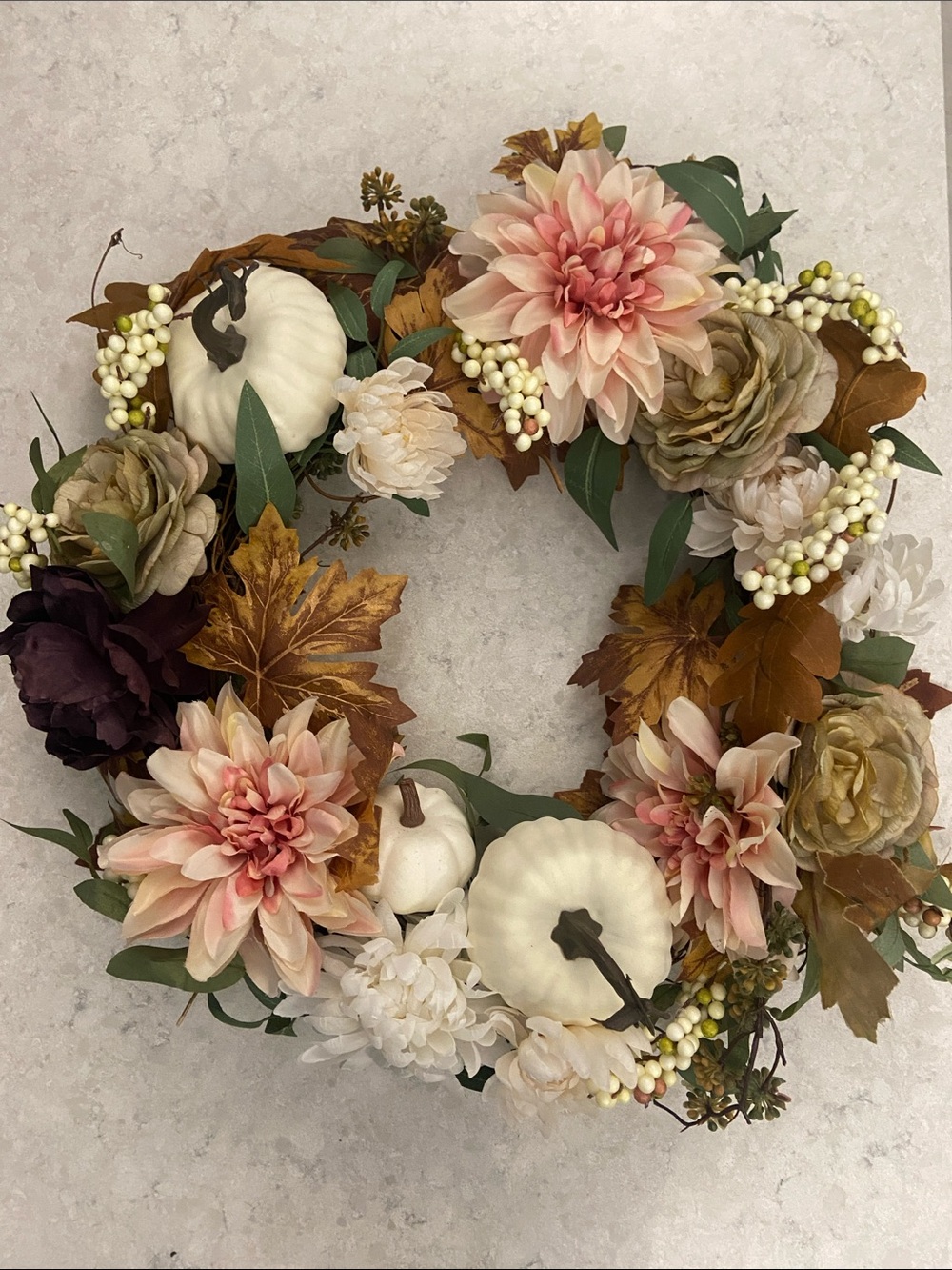 Autumn Harvest Floral and Pumpkin Wreath - Cream and Blush. New!